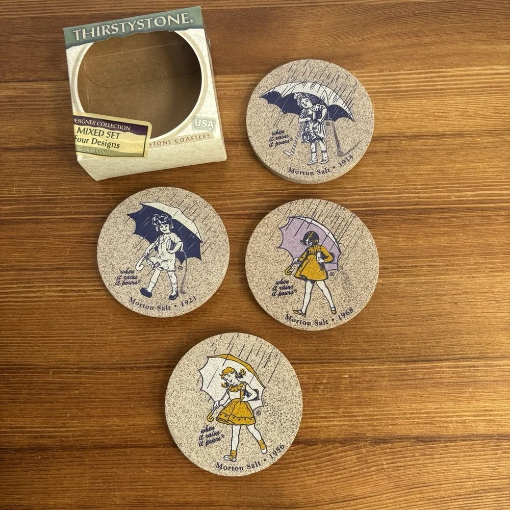 Thirstystone Morton Salt Stone Coasters Set of 4 Designer Collection W Box USA